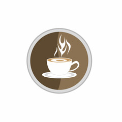 Vector graphic illustration of a steaming coffee cup design inside a round badge. Ideal for coffee-related themes, branding or promotional materials.