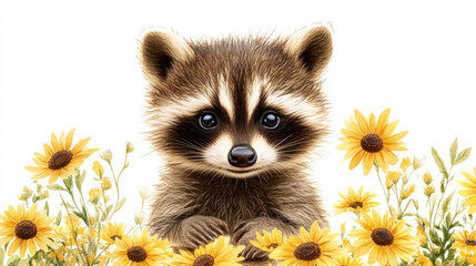 Obraz premium A little raccoon standing inside a yellow flower with a white background