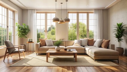 Fototapeta premium Spacious Minimalist Living Room with Beige Sofa - Modern Home Decor, Natural Light, Cozy Interior, Stylish Furniture, Neutral Colors, Open Space