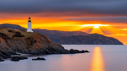 Fototapeta premium Sun rays piercing through clouds above a rugged coastline, casting a soft glow on the rocks below, creating a powerful, dramatic coastal scene