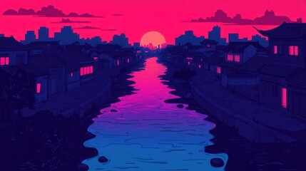 A vibrant sunset casts neon colors over a serene river flanked by traditional buildings