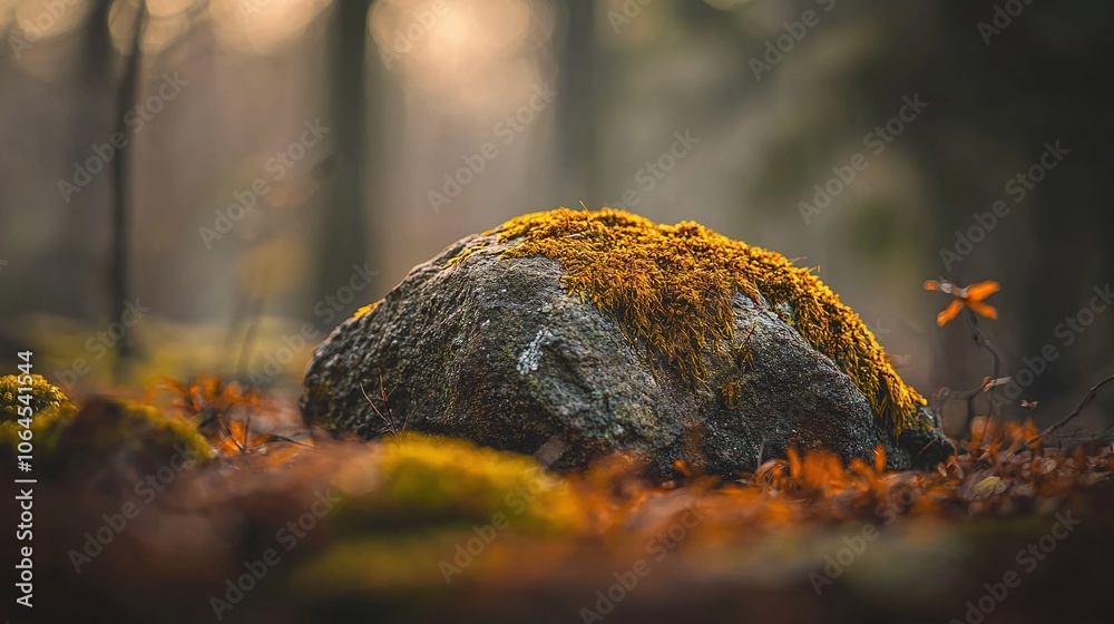 Poster explore the serenity of a moss-covered rock in a forest a macro photography journey into nature's be