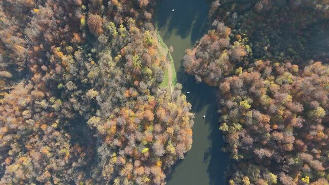 Colorful view of the autumn forest with lake. Parz Lake in Tavush, Armenia. Taken with a drone