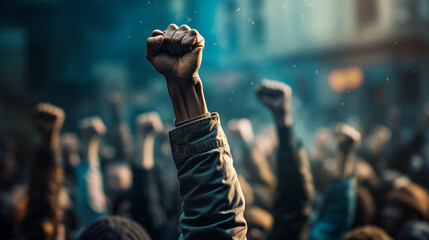 
A raised fist of a protestor at a violent political demonstration