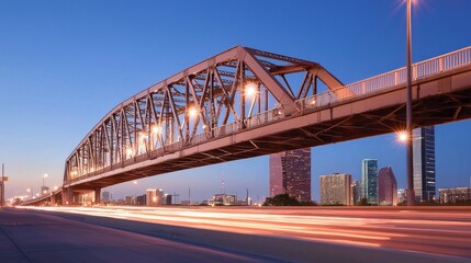 Obraz premium Dynamic Urban Flow: Traffic Trails on Bridge at Twilight with Skyline Silhouette in Background