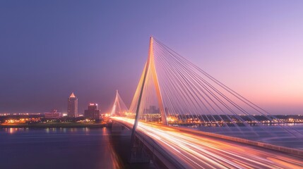 Fototapeta premium Urban Flow: Twilight Traffic with Motion Blur on Bridge, City Skyline in Background