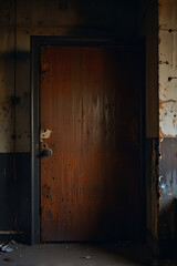 Rusted metal door slightly ajar in an abandoned factory, revealing a dark room beyond, filled with eerie shadows and an unsettling quiet.