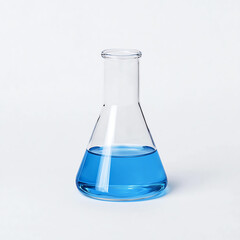 A single beaker filled with a blue chemical liquid on solid white background