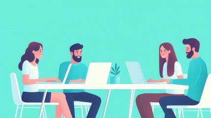 A group of four people collaborating at a table, working on laptops in a bright