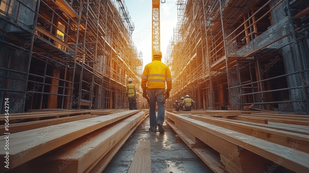 Aufkleber a construction worker wearing a reflective jacket strides through a building site lined with scaffol