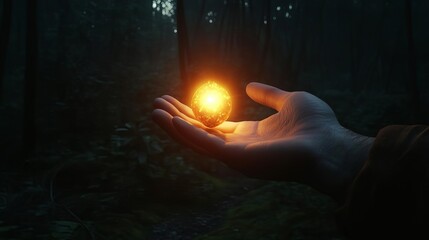 A hand holding a glowing seed in a dark forest, symbolizing positive energy, potential and growth.