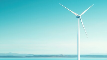 A solitary wind turbine stands against a serene blue sky, renewable energy