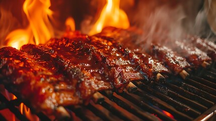 Delicious barbecue ribs in a charcoal smoker over a flame in closeup