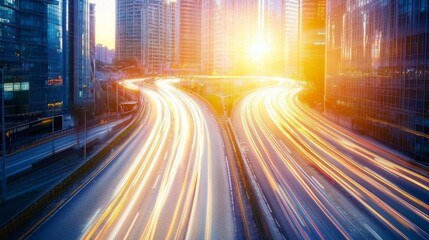 Dynamic Urban Evening: Sunset Highway Traffic Light Trails in Motion Blur
