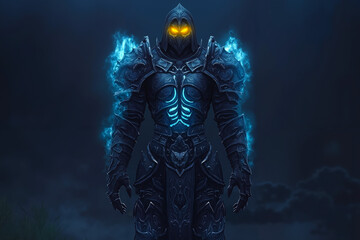 Fototapeta premium A dark, armored figure with glowing blue energy and a hooded cloak, standing against a dark, cloudy sky