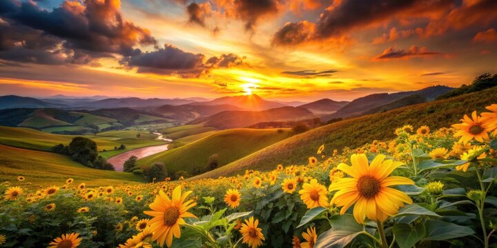 Stunning Tilt-Shift Sunset Landscape of Tung Bua Tong Mexican Sunflower Fields with Vibrant Colors and Natural Beauty