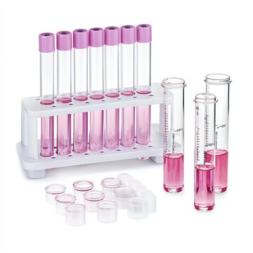 A chromatography setup with test tubes and elution bottles on solid white background