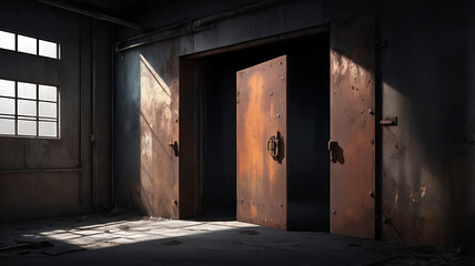 Rusted metal door slightly ajar in an abandoned factory, revealing a dark room beyond, filled with eerie shadows and an unsettling quiet.