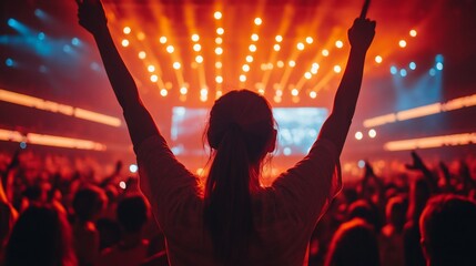A young woman with her arms raised in the air at a concert, enjoying the music and the atmosphere.