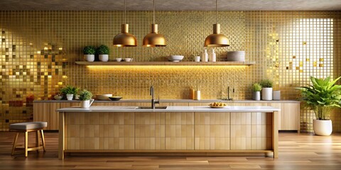Surreal 3D Kitchen Scene with Golden Tiled Wall, Wood Podium, and Mosaic Background for Product Showcase