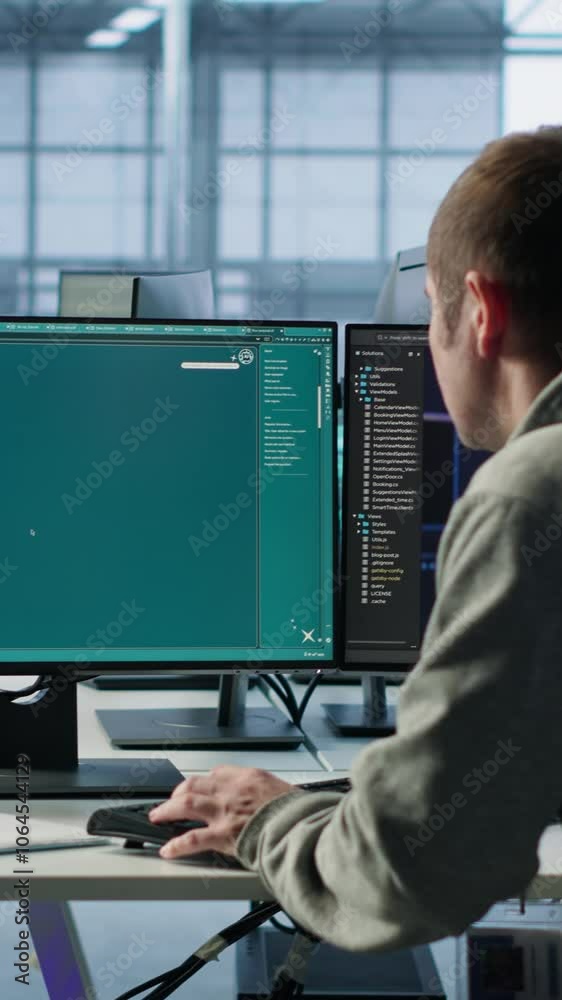 Poster computer scientist in server room making software producing ai generated videos. it specialist build