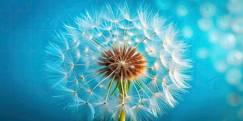 Surreal Closeup of Dandelion Against a Vibrant Blue Background - Dreamy Air Flower Imagery for Nature Lovers and Artistic Inspiration