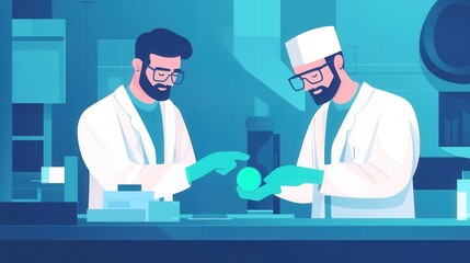 Two scientists in lab coats collaborate, examining a green substance with a microscope