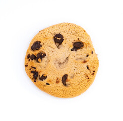 Top view of a chocolate chip cookie on a white background, showing a classic round shape and baked texture.