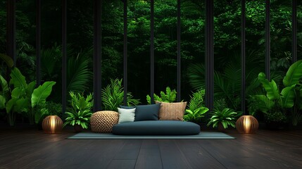 A cozy living space filled with lush greenery, featuring a comfortable sofa decorated with cushions in an inviting ambiance.