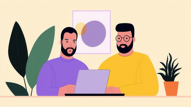 Two men collaboratively working on a laptop surrounded by plants and a colorful wall art