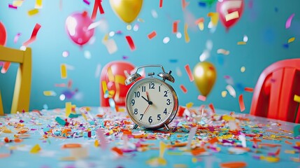 Festive Clock Surrounded by Colorful Confetti and Balloons