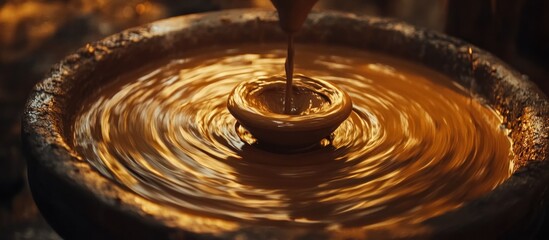 Close-up of pottery being shaped on a spinning wheel, clay and water details