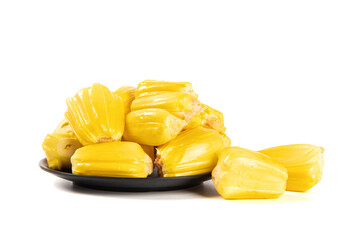 Ripe jackfruit peeled tropical fruit isolated on white background.