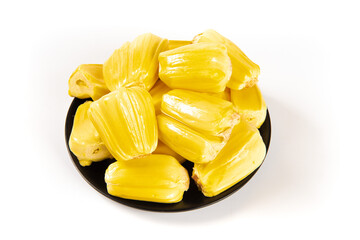 Ripe jackfruit peeled tropical fruit isolated on white background.