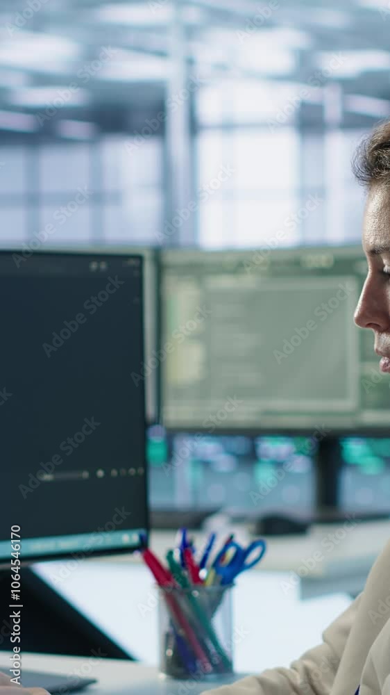 Poster portrait of smiling technician programming in ai data center used for machine learning training. che