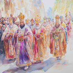 Epiphany procession of crowned kings in colorful royal robes, symbolizing Three Kings' Day celebration and honoring the Magi gifts tradition during Twelfth Night festivities