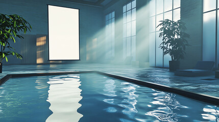 Fototapeta premium Mockup. Outdoor Digital Billboard near Swimming Pool, Tranquil Blue Hues, Marketing Space 