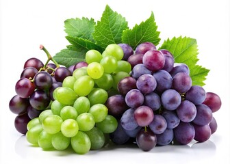 Fototapeta premium Vibrant Bunch of Green and Purple Grapes Isolated on White Background for Fresh Fruit Imagery