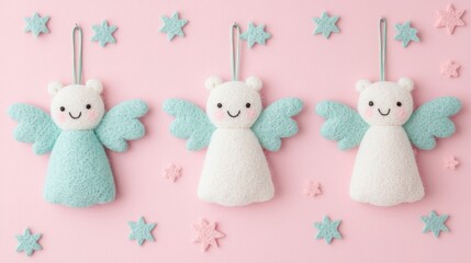 Three cute, plush angel ornaments with pastel wings on a pink background adorned with star-shaped decorations.