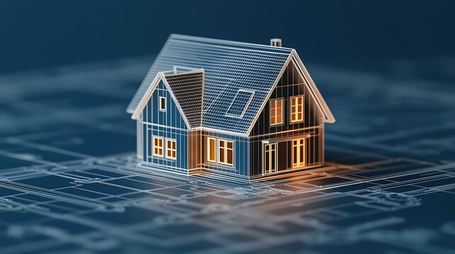 A digital rendering of a house overlaid on an architectural blueprint, symbolizing modern real estate and technological innovation in home design.