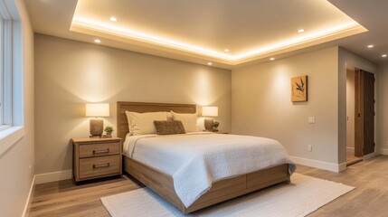 Minimalist bedroom with hidden LED strip lighting in a recessed ceiling, creating a warm and inviting glow over a sleek bed and nightstands.