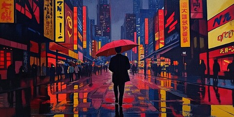 Naklejka premium Neon night urban cityscape with vibrant reflection. Umbrella silhouette against colorful street lights. Rainy night in bustling metropolis, artistic illustration, ideal for travel and nightlife