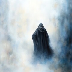 A cloaked figure stands in a mysterious fog, evoking a sense of intrigue and the unknown, This image is ideal for projects related to mystery, spirituality, or fantasy themes in literature or design,