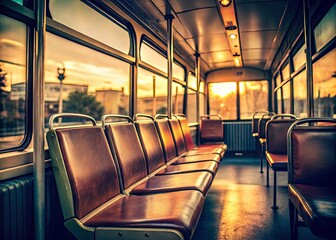 Naklejka premium Vintage Style Photography of an Empty Seat on an MTS Bus in San Diego, Evoking Nostalgia with Retro Aesthetics and Urban Vibes, Capturing the Essence of Public Transport in a Coastal City