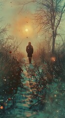Fototapeta premium Solitary Figure Walking Through a Snowy Forest at Sunset