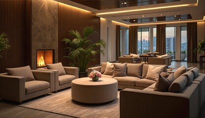 Fototapeta premium Hotel lobby scene with plush sofas and a glowing fireplace, rendered in muted colors to emphasize relaxation and comfort