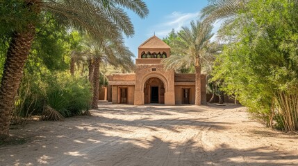 Fototapeta premium Oasis Architecture Surrounded by Lush Palm Trees