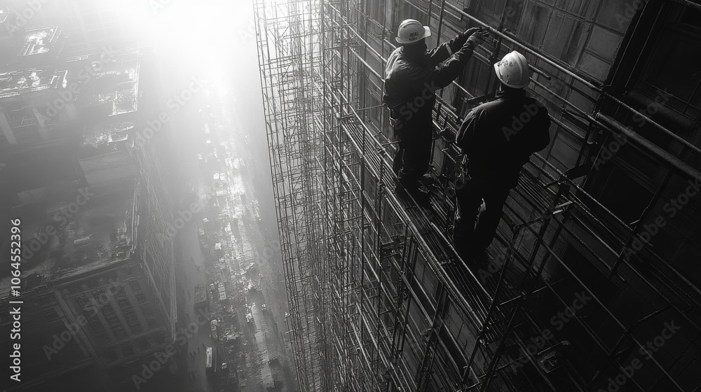 Poster two construction workers ascend scaffolding on a building site amidst a foggy backdrop of a bustling