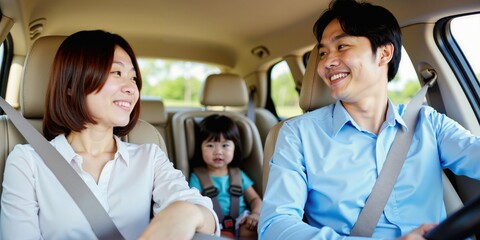 Asian Parents and Child Smiling on Road Trip in Family Vehicle