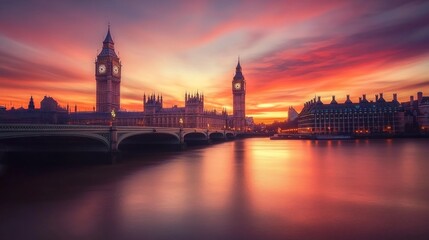 Obraz premium A breathtaking sunset over the iconic Houses of Parliament and Big Ben in London, with the River Thames reflecting the vibrant colors of the sky.